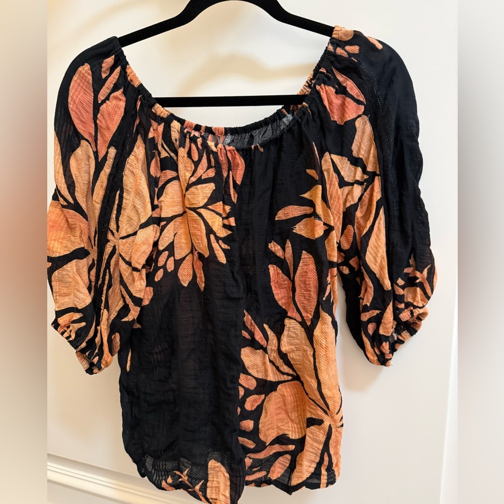 Anthropologie Orange and Black Relaxed Off The Shoulder Puffed Sleeve Blouse - Picture 4 of 11